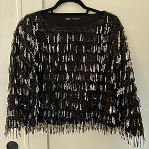 Zara black and silver sequin fringe top